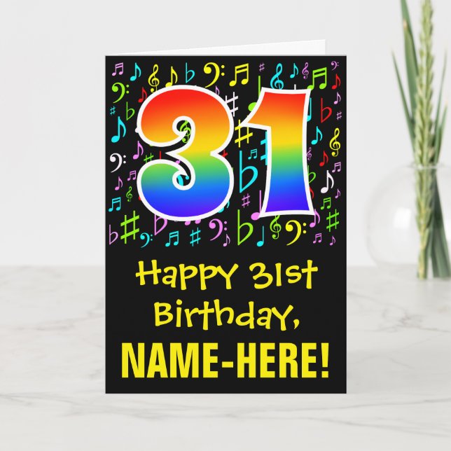 Carte 31e anniversaire : Symboles de musique colorée + A (Devant)