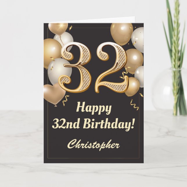 Carte 32e anniversaire Ballons Noir et Or Confetti (Devant)
