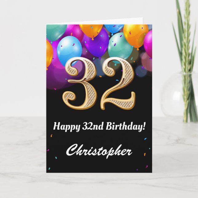 Carte 32e anniversaire Ballons noirs et dorés (Devant)