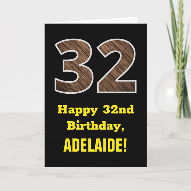 Carte 32e anniversaire : Nom, Motif Faux Wood Grain "32" (Devant)