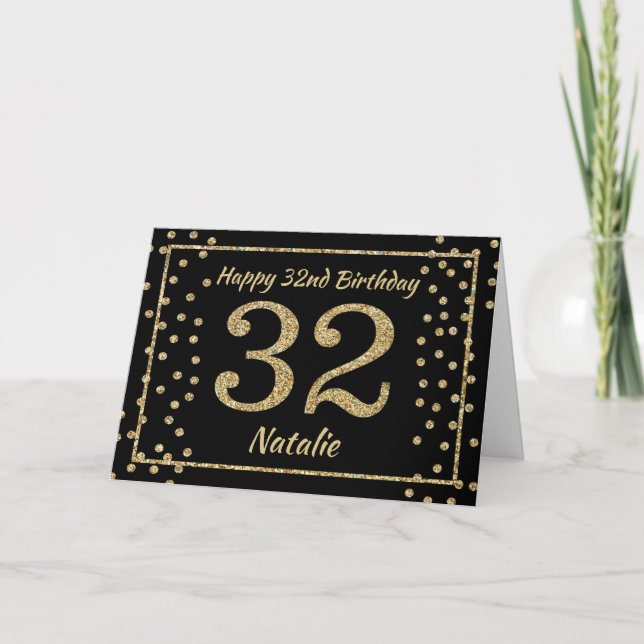 Carte 32e anniversaire Parties scintillant Noir et Or Ca (Devant)