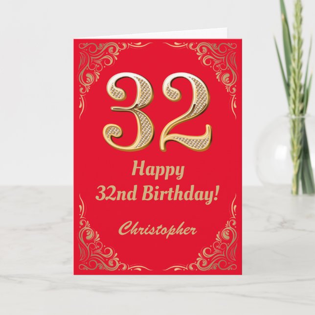 Carte 32e anniversaire Parties scintillant rouge et or (Devant)