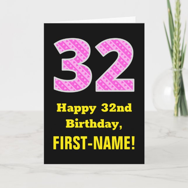 Carte 32e anniversaire : Pink Stripes and Hearts "32" +  (Devant)