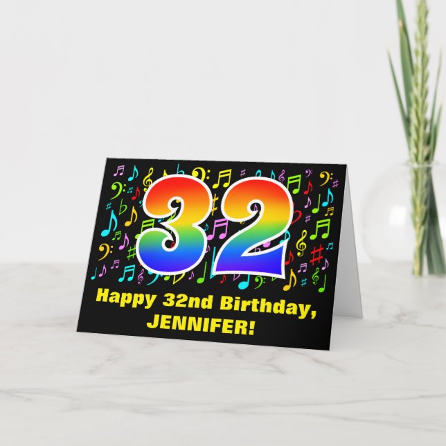 Carte 32e anniversaire : Symboles de musique colorée et  (Devant)