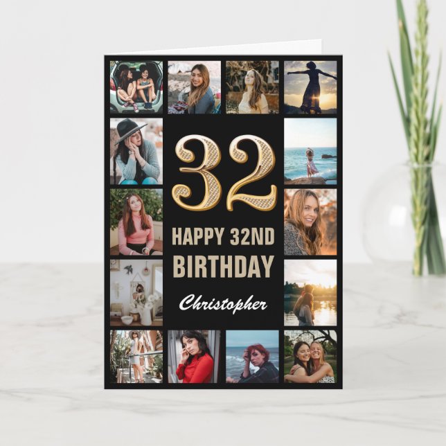 Carte 32e Joyeux Anniversaire Black and Gold Photo Colla (Devant)