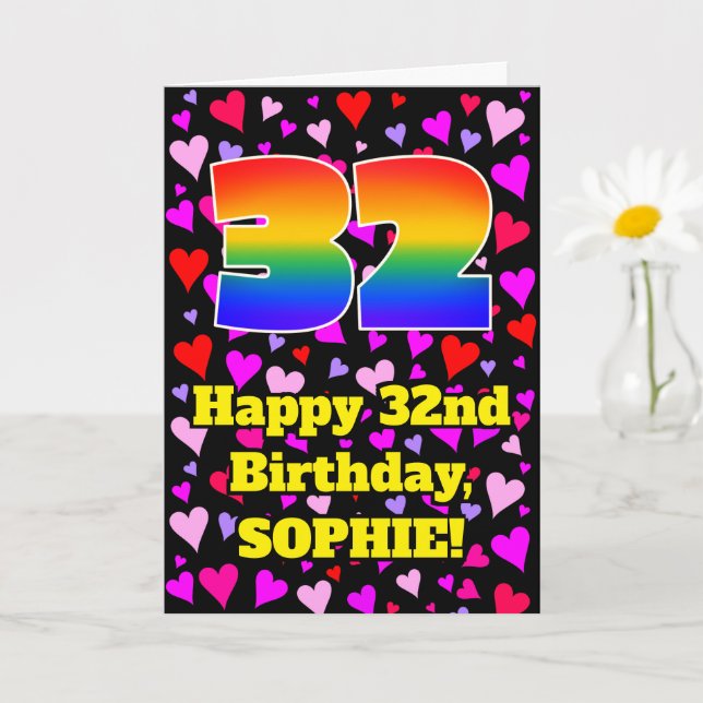 Carte 32nd Birthday: Loving Hearts Pattern, Rainbow # 32 (Petite plante)
