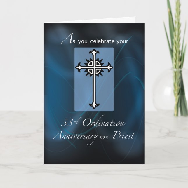 Carte 33e anniversaire d'ordination Croix de prêtre bleu (Devant)