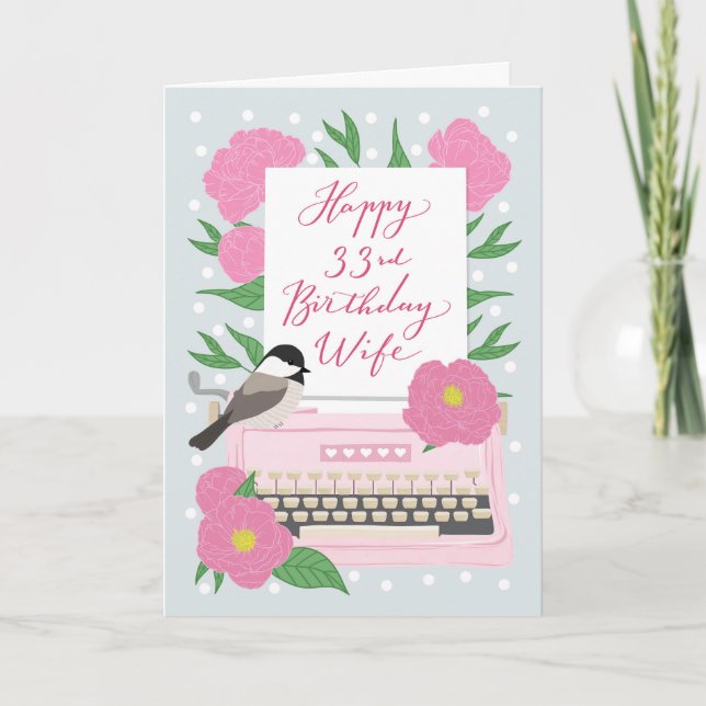Carte 33e anniversaire pour femme | Machine à écrire et  (Devant)
