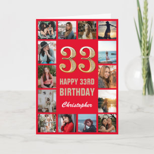 Carte 33e Joyeux Anniversaire Collage photo rouge et or