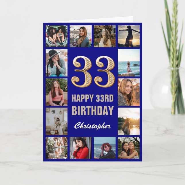 Carte 33e Joyeux Anniversaire Marine Bleu & Gold Photo C (Devant)