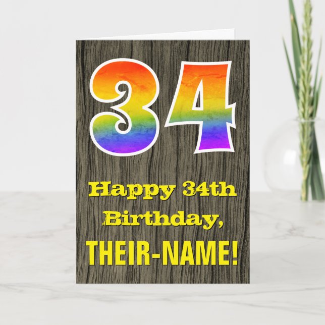 Carte 34e Anniversaire : Aspect Bois Faux Rustique, "34" (Devant)