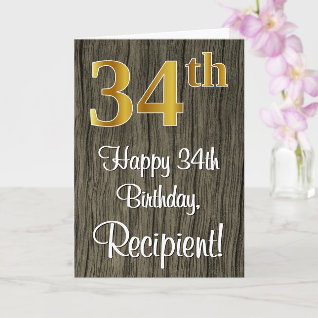 Carte 34e Anniversaire : Élégant aspect or faux #, Bois  (Orchidée)