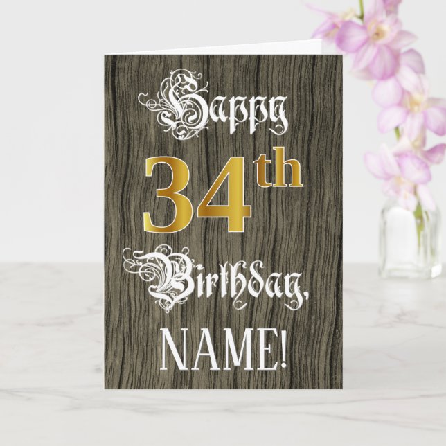 Carte 34e anniversaire : Faux Gold Look + Faux Wood Moti (Orchidée)