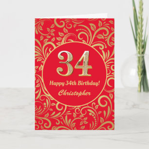 Carte 34e anniversaire Motif Floral rouge et or