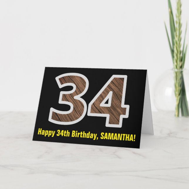 Carte 34e anniversaire : Nom + Motif Faux Wood Grain "34 (Devant)