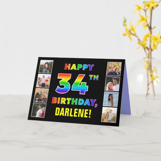 Carte 34e anniversaire : Rainbow Text, Custom Photos & N (Fleur jaune)