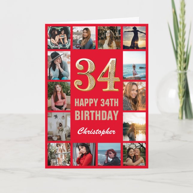 Carte 34e Joyeux Anniversaire Collage photo rouge et or (Devant)