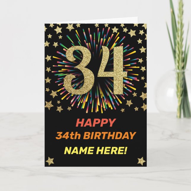Carte 34th Birthday Fireworks Rainbow Gold Fun (Devant)
