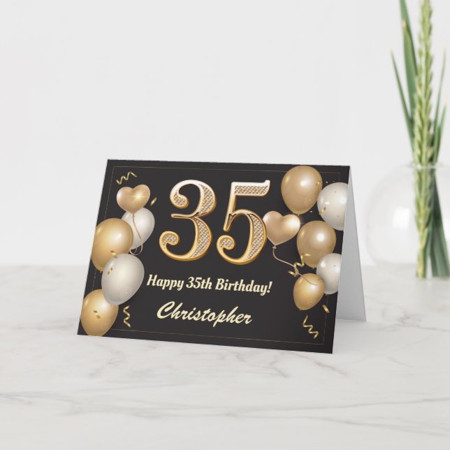 Carte 35e anniversaire Ballons noirs et or Anniversaire (Devant)