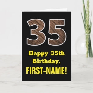 Carte 35e anniversaire : Nom, Motif Faux Wood Grain "35"