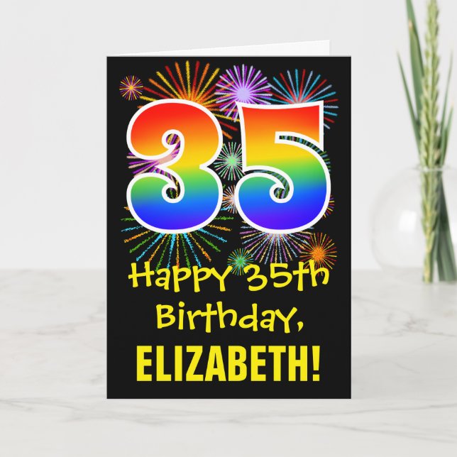 Carte 35ème anniversaire : Fun Fireworks Motif + Rainbow (Devant)