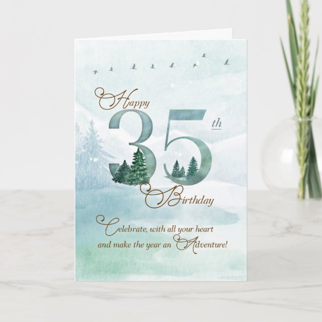 Carte 35th Birthday Evergreen Pines and Deer Nature (Devant)