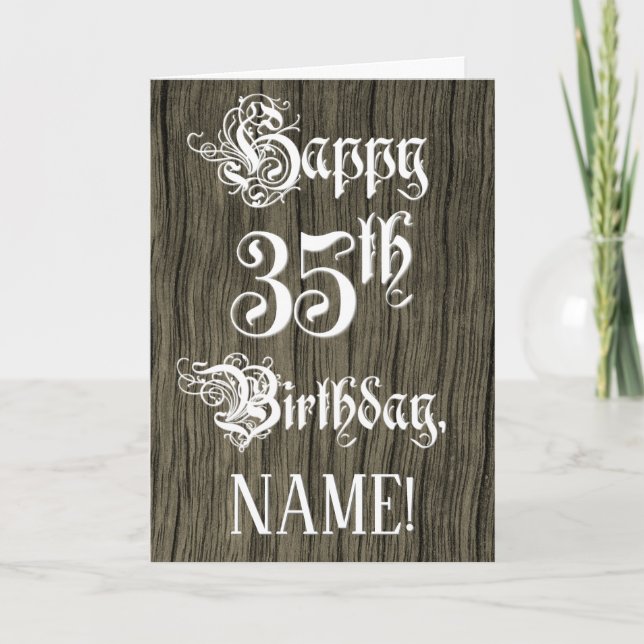 Carte 35th Birthday: Fancy, Elegant Text; Faux Wood Look (Devant)