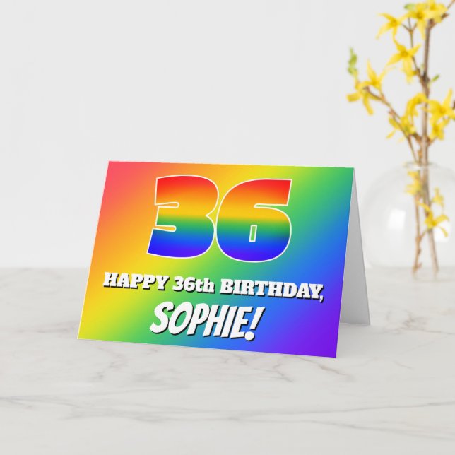 Carte 36e anniversaire : Motif arc-en-ciel multicolore n (Fleur jaune)