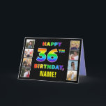 Carte 36e anniversaire : Rainbow Text, Custom Photos & N<br><div class="desc">La façade de cette carte de voeux d'anniversaire joyeuse et amusante comporte le message "HAPPY 36TH BANTHDAY", avec le texte ayant un motif dégradé dynamique inspiré du spectre arc-en-ciel, avec un nom de destinataire modifiable. À gauche et à droite du message à motif arc-en-ciel sur le devant se trouvent des...</div>