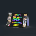 Carte 36e anniversaire : Rainbow Text, Custom Photos & N<br><div class="desc">La façade de cette carte de voeux d'anniversaire joyeuse et amusante comporte le message "HAPPY 36TH BANTHDAY", avec le texte ayant un motif dégradé dynamique inspiré du spectre arc-en-ciel, avec un nom de destinataire modifiable. À gauche et à droite du message à motif arc-en-ciel sur le devant se trouvent des...</div>