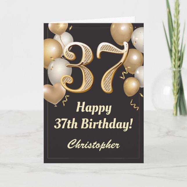 Carte 37e anniversaire Ballons Noir et Or Confetti (Devant)