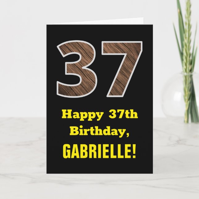 Carte 37e anniversaire : Nom, Motif Faux Wood Grain "37" (Devant)