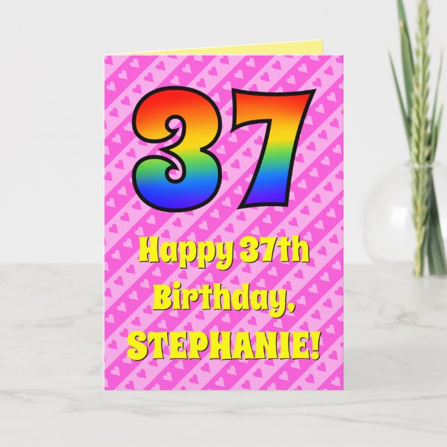 Carte 37e anniversaire : Pink Stripes & Hearts, Arc en c (Devant)