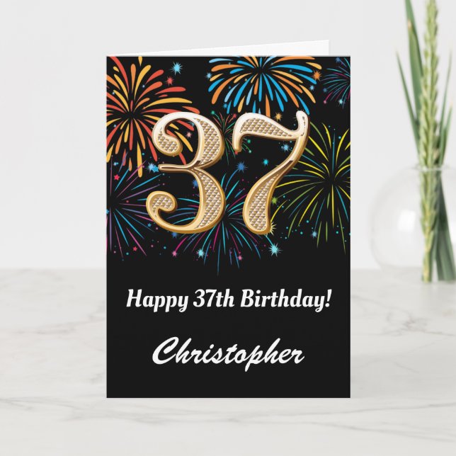 Carte 37e anniversaire Rainbow Fireworks noir et or (Devant)