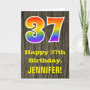 Carte 37e anniversaire : Rustic Faux Wood Look, Arc-en-c
