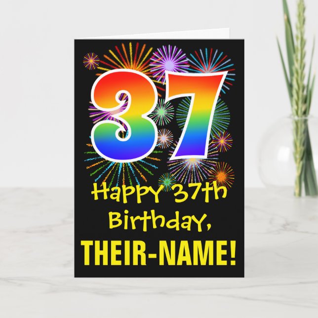 Carte 37ème anniversaire : Fun Fireworks Motif + Rainbow (Devant)