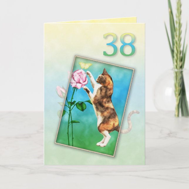 Carte 38e anniversaire avec un chat ludique (Devant)