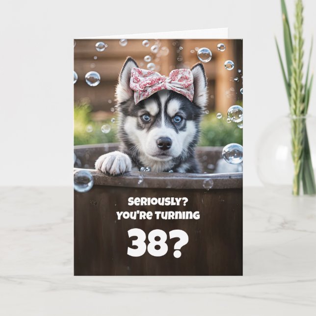 Carte 38e anniversaire drôle mignon Husky dans une baign (Devant)