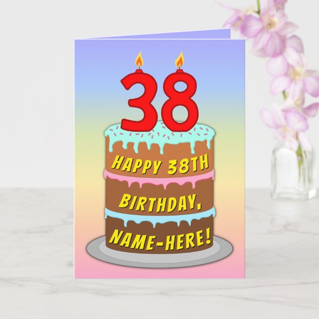 Carte 38e anniversaire — Fun Cake & Candles, avec nom pe (Orchidée)