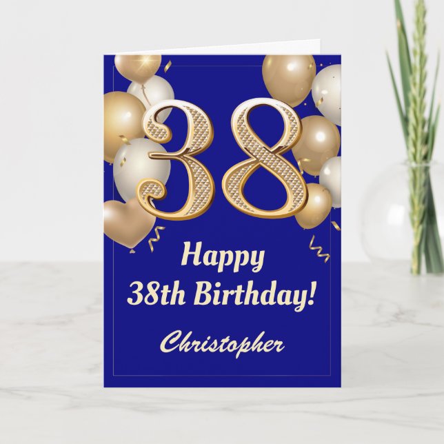 Carte 38e anniversaire Marine Bleu et Ballons d'or Confe (Devant)
