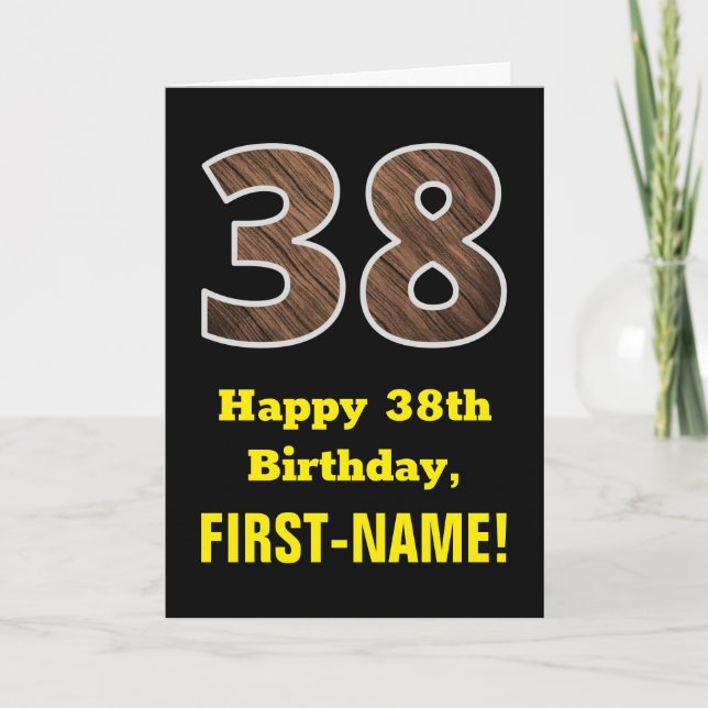 Carte 38e anniversaire : Nom, Motif Faux Wood Grain "38" (Devant)