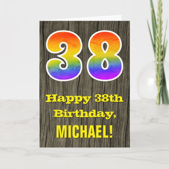 Carte 38e anniversaire : Rustic Faux Wood Look, Arc-en-c (Devant)