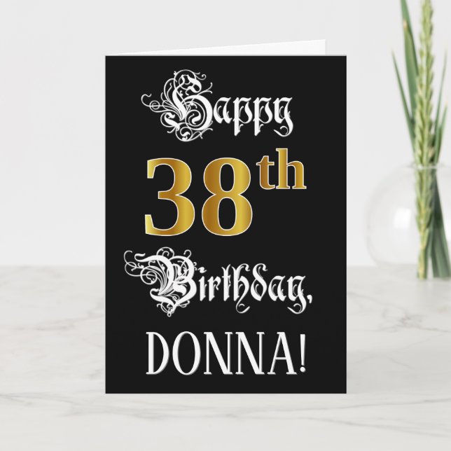 Carte 38e anniversaire — Script fantaisie; look or Faux; (Devant)
