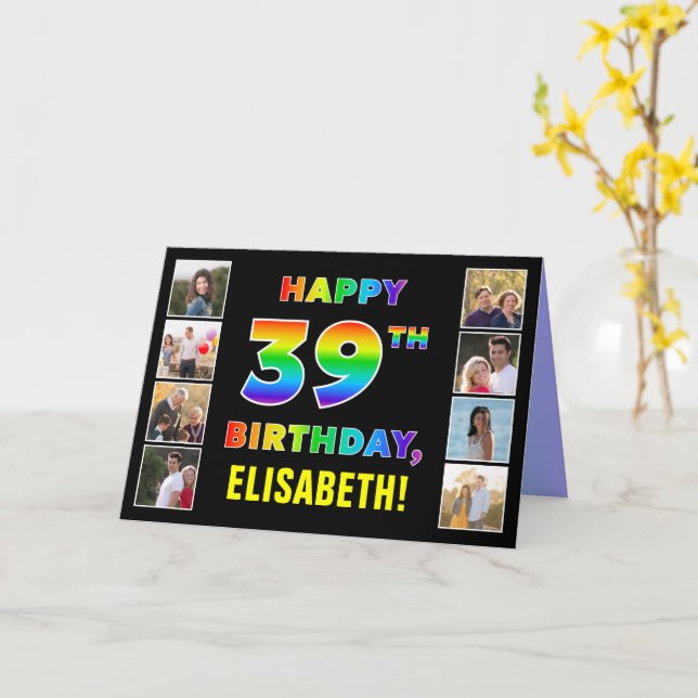 Carte 39e anniversaire : Rainbow Text, Custom Photos & N (Fleur jaune)