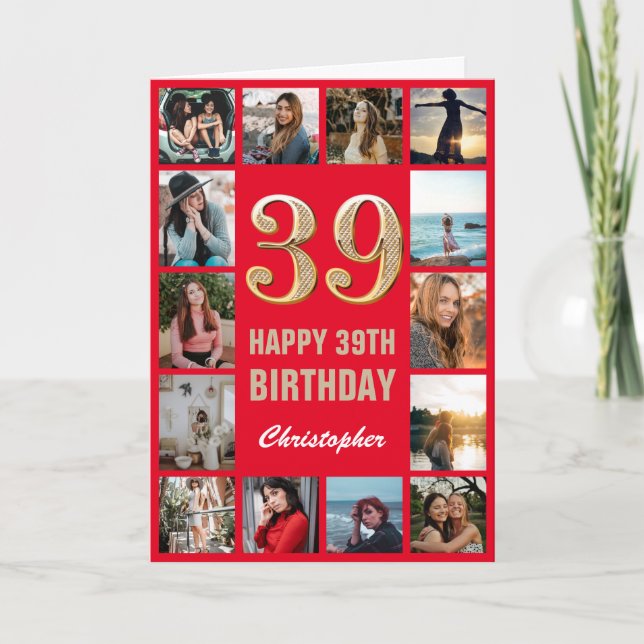 Carte 39e Joyeux Anniversaire Collage photo rouge et or (Devant)