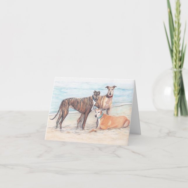 Carte 3 Greyhound sur la Beach Dog Art Note Card (Devant)