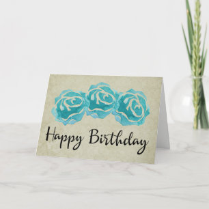 Carte 3 Roses Turquoises d'aquarelle sur Tan Damask anni