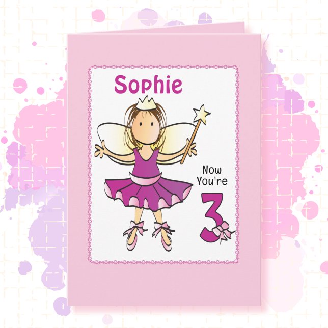 Carte 3 Year Old Cute Ballerina Cartoon Pink Birthday   (Créateur téléchargé)