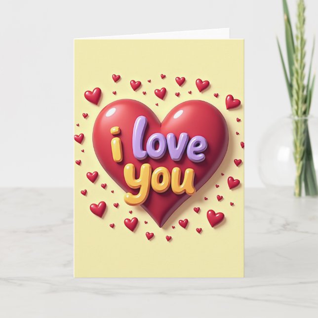 Carte 3D « Je t'aime » avec cœurs brillants (Devant)