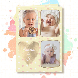 Carte 3e anniversaire 3 Collage de photos Jaune Rose Bla